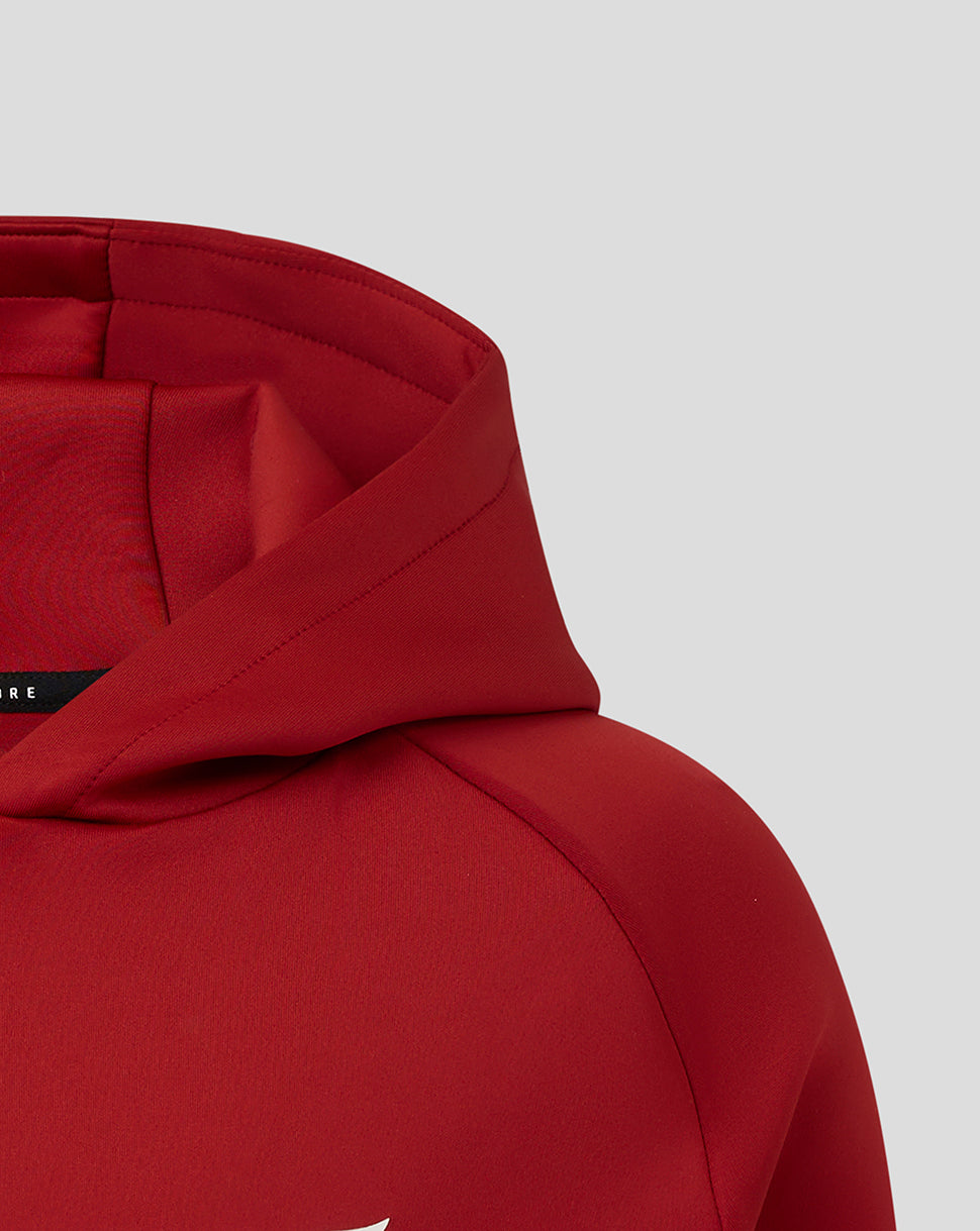 Shoulder and hood detail on the red Saracens junior scuba hoodie