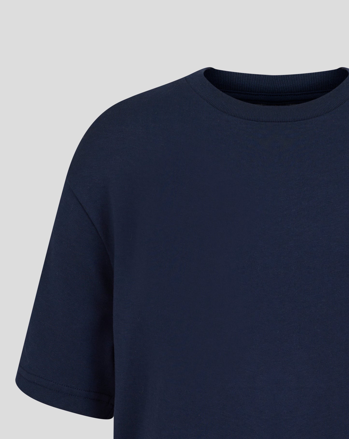 Close up of navy crew neck showing ribbed collar and stitching on the Rangers tee