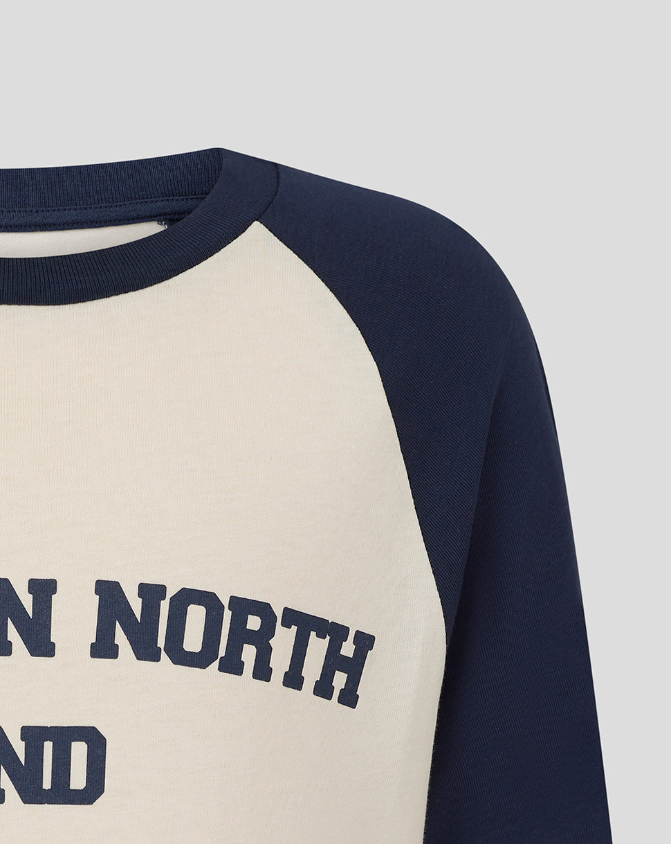 Close up of a Preston Junior raglan tee with beige body and navy sleeves