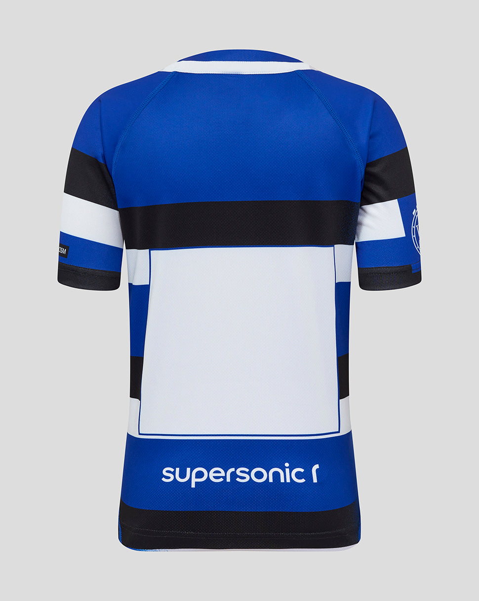 Bath Rugby Junior 25/26 home replica shirt back view with blue white and black blocks and Supersonic logo