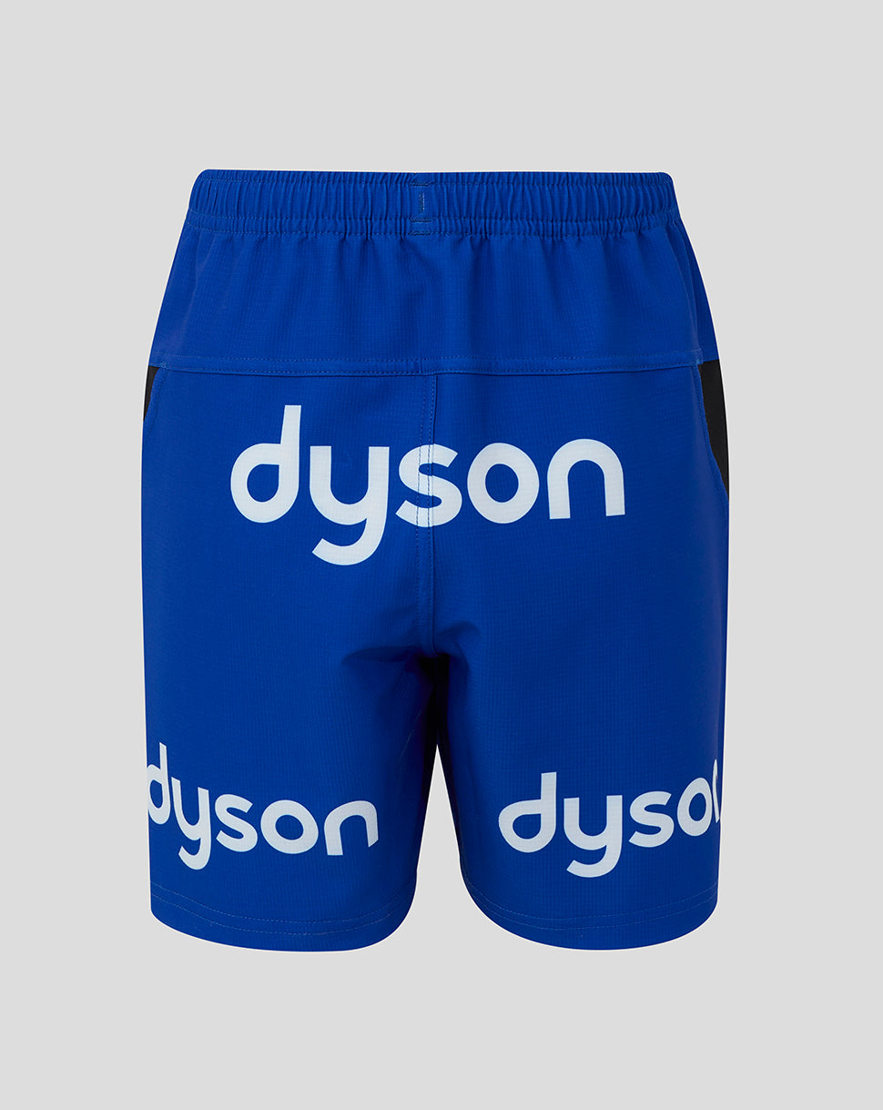 Bright blue Bath Rugby junior shorts with large white Dyson branding across the back