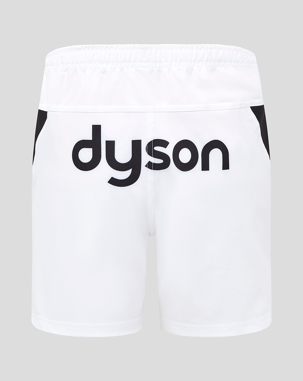 Back view of white Bath Rugby junior away replica shorts with a bold black Dyson logo across the rear.
