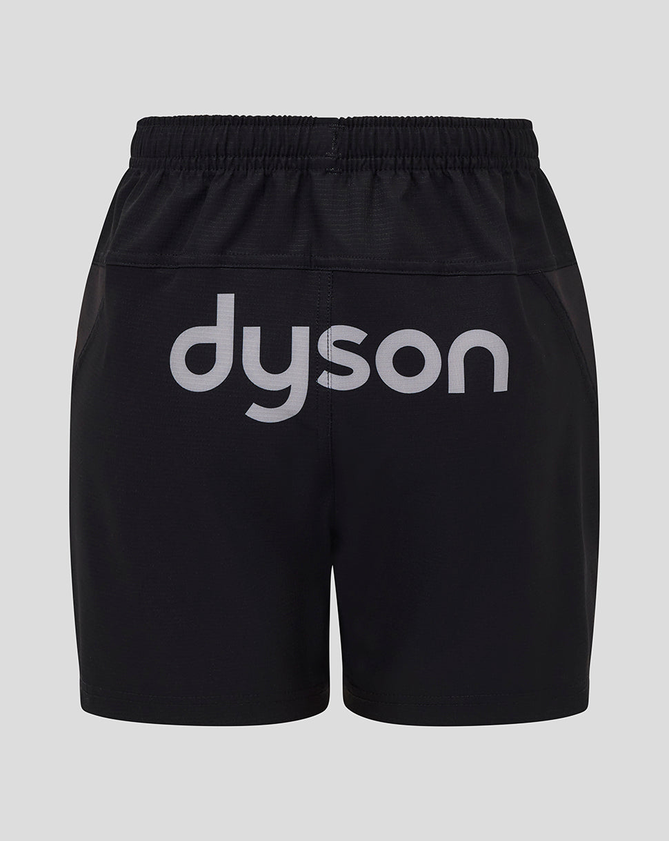 Back view of black Bath Rugby shorts with large Dyson sponsor text across the back