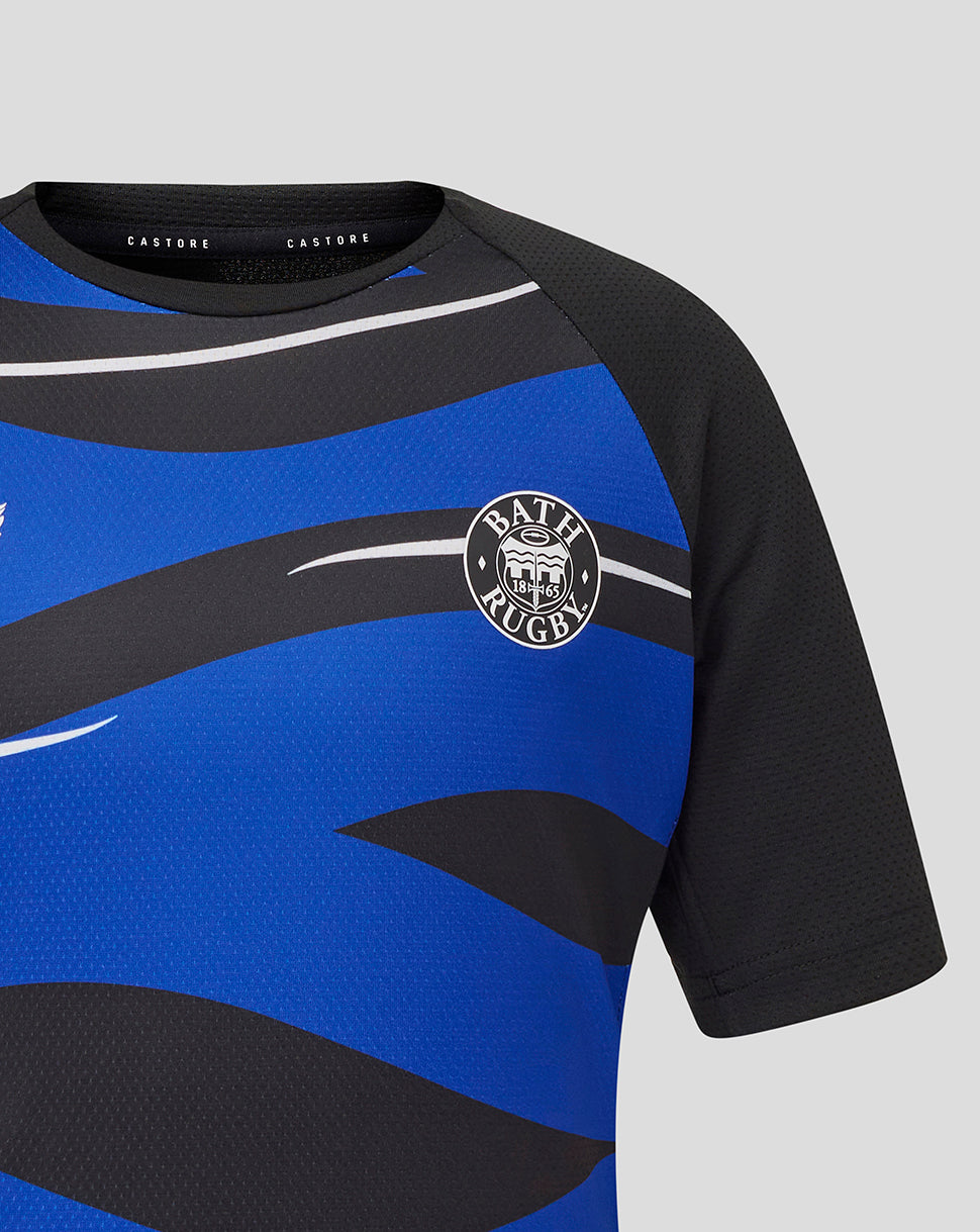 Junior Bath Rugby short sleeve tee with blue and black graphic design and Bath Rugby crest on the chest