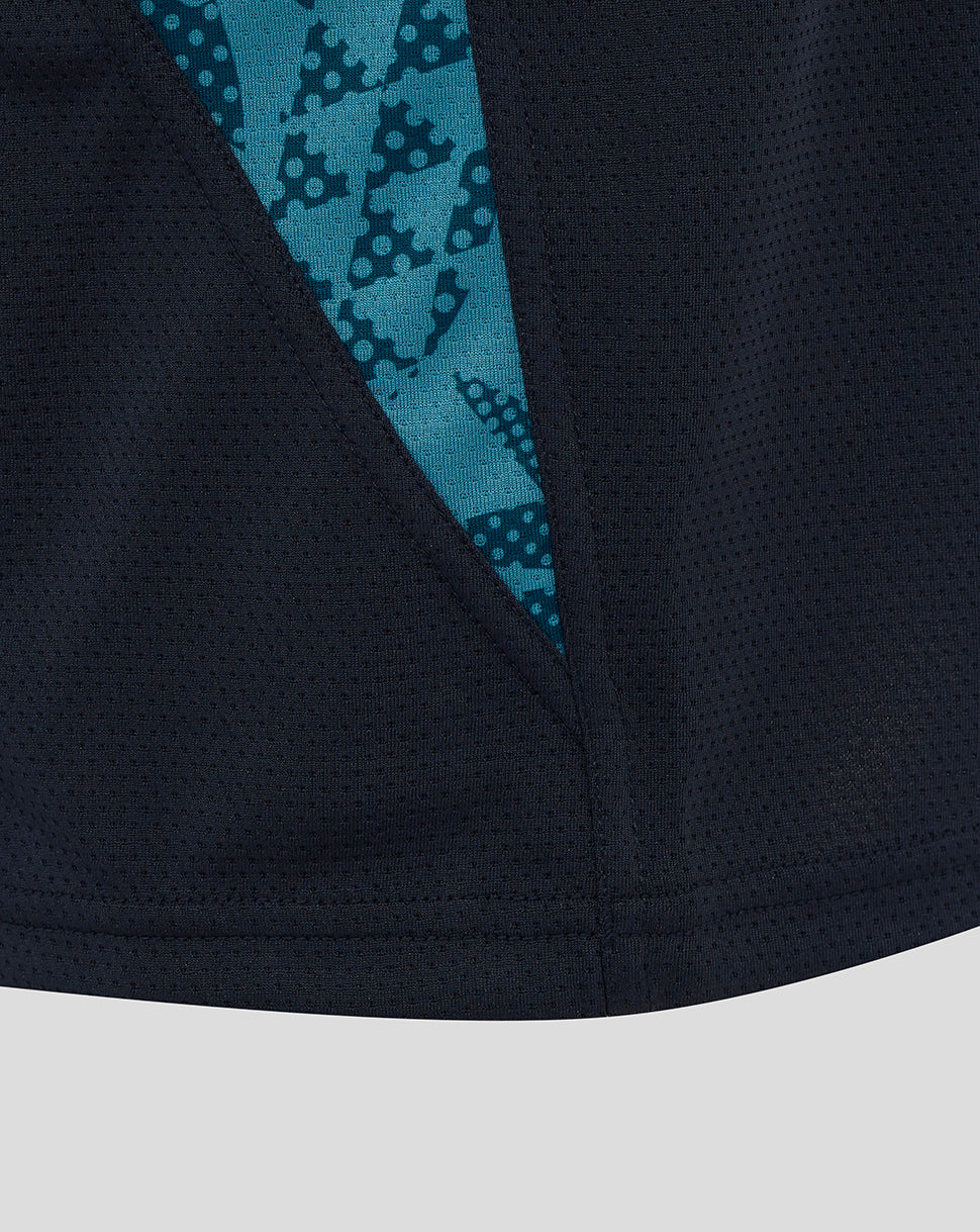Close up of navy England Rugby sleeveless T shirt showing teal abstract side panel design