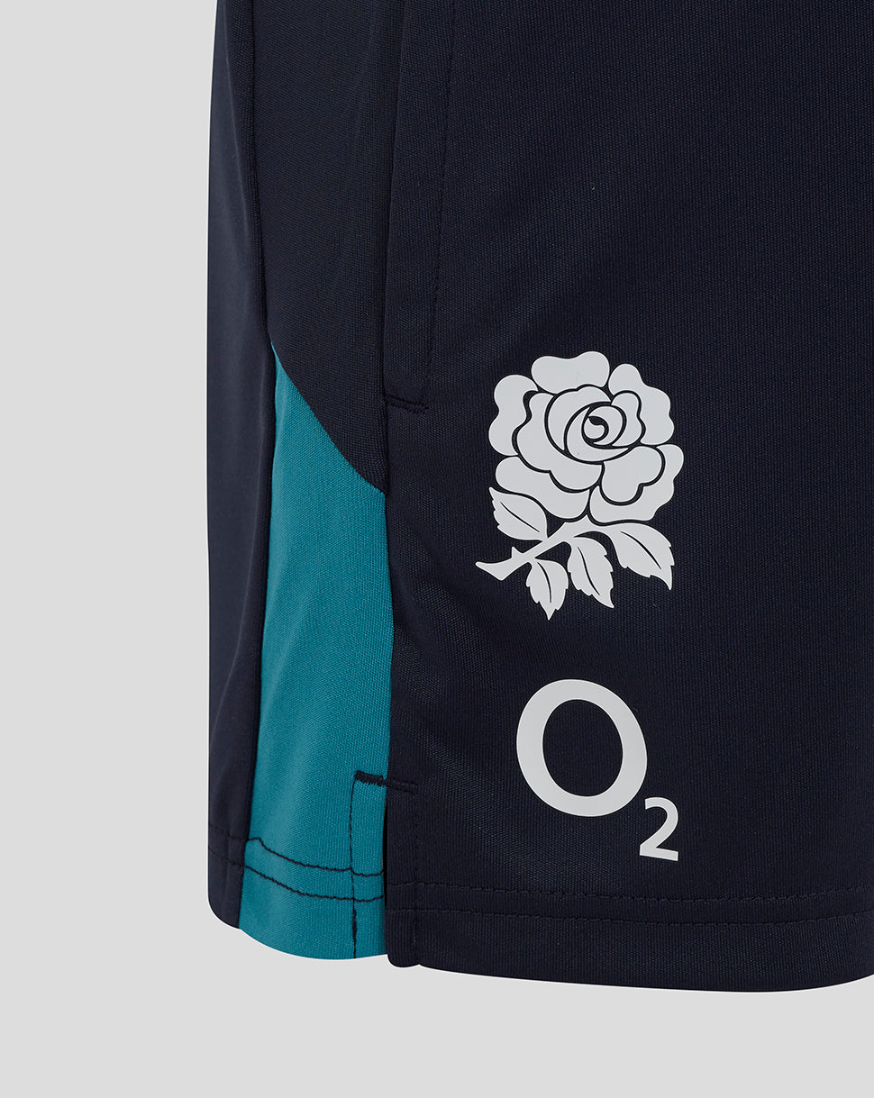 Navy shorts with teal side panel right thigh rose crest and O2 logo