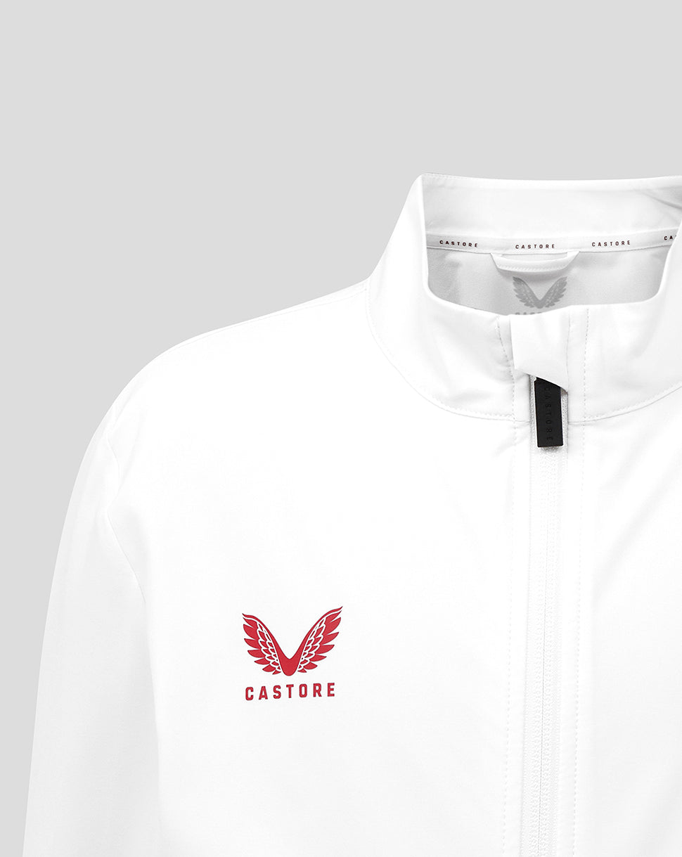Close up of collar area on white England Rugby Anthem Jacket with zipper and Castore branding