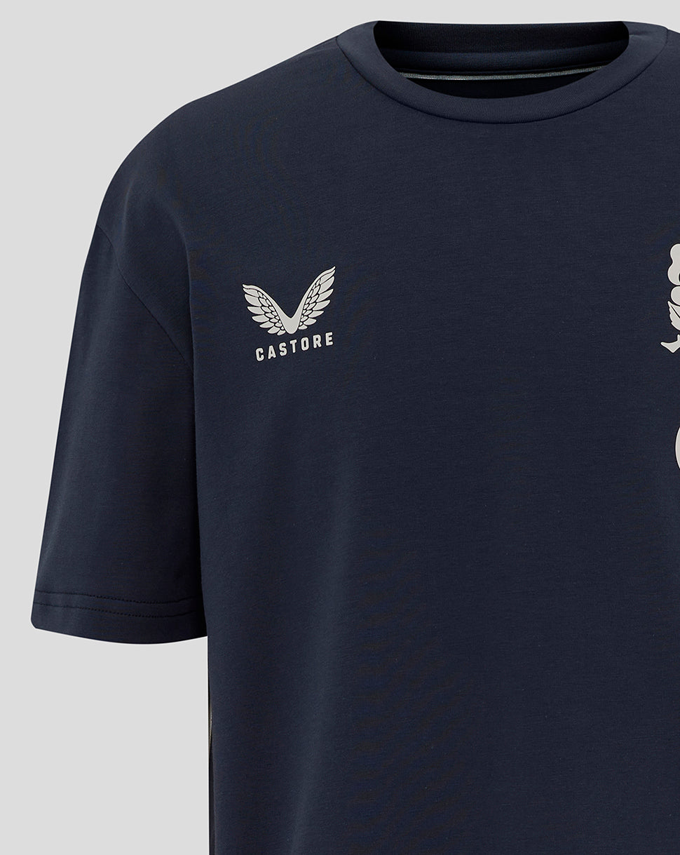 Navy Junior England Rugby travel short sleeve T shirt with Castore logo and rose crest on the chest.