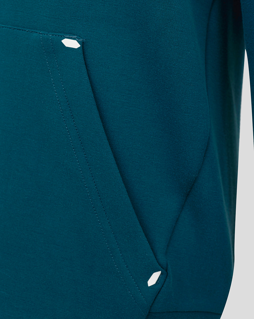 Teal hoodie pocket close up with small white hexagonal accents and precise seam details.