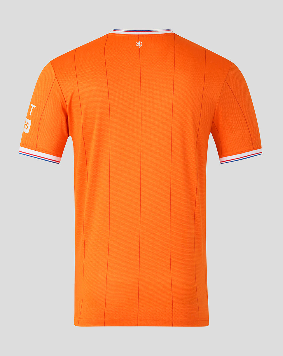Back view of bright orange Rangers infant shirt with vertical seams and a small crest at the neck