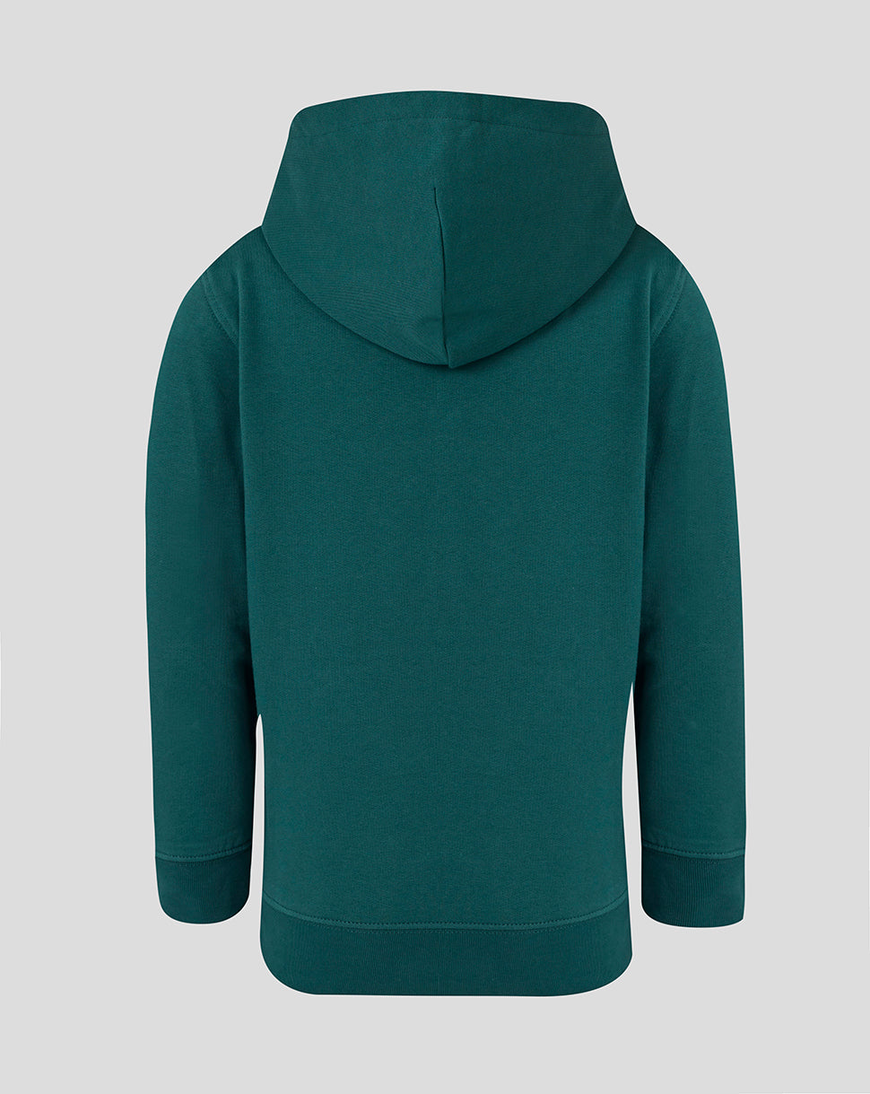 Back view of dark green Leicester Tigers travel hoodie showing attached hood and simple hem.