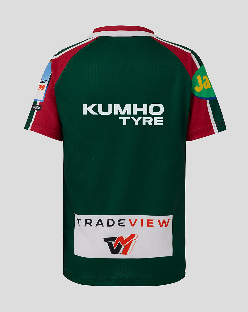 Back view of Leicester Tigers junior replica home shirt in green with Kumho Tyre across upper back and TradeView patch at lower back