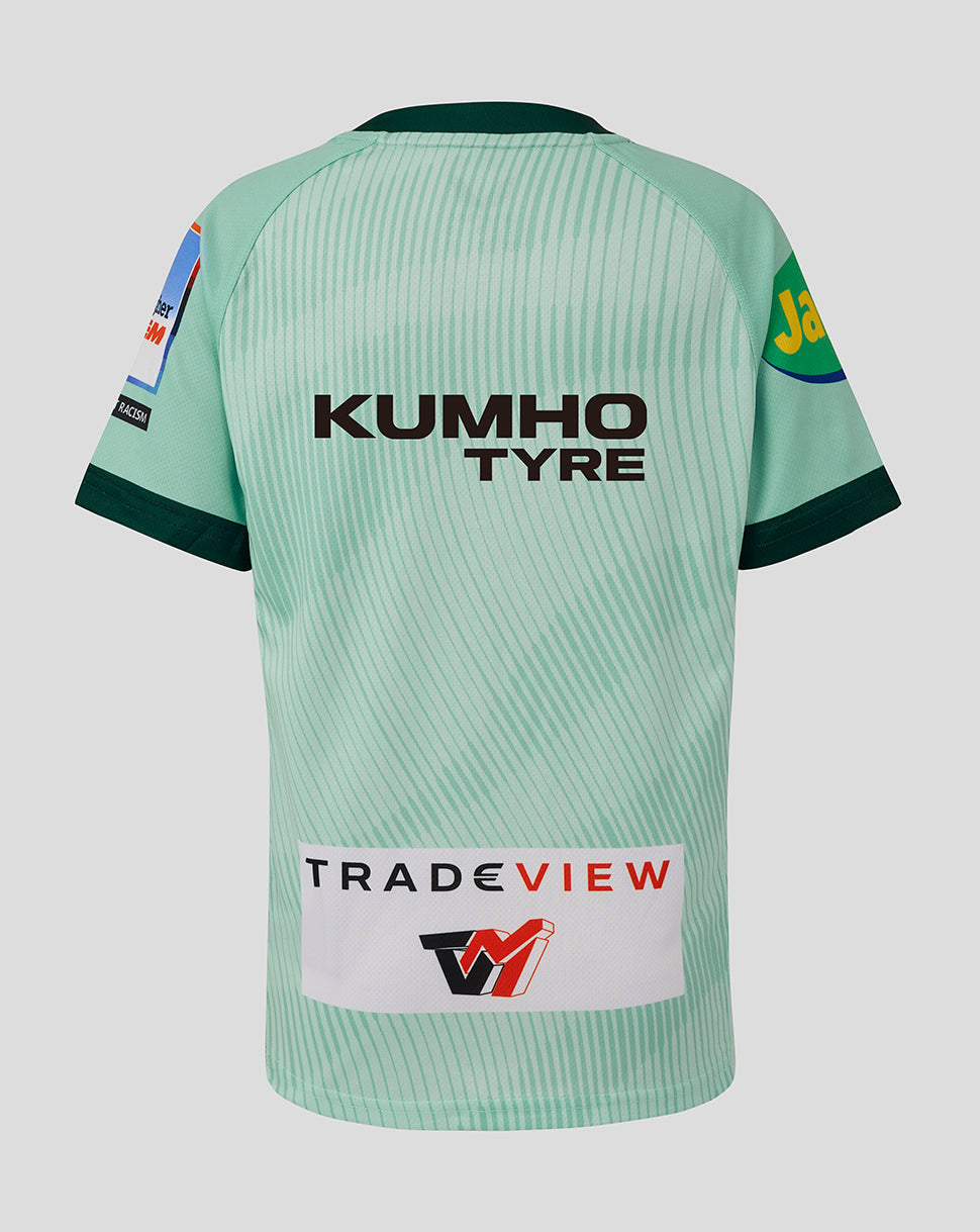 Back view of mint green Leicester Tigers junior replica away shirt with Kumho Tyre sponsor across the back.