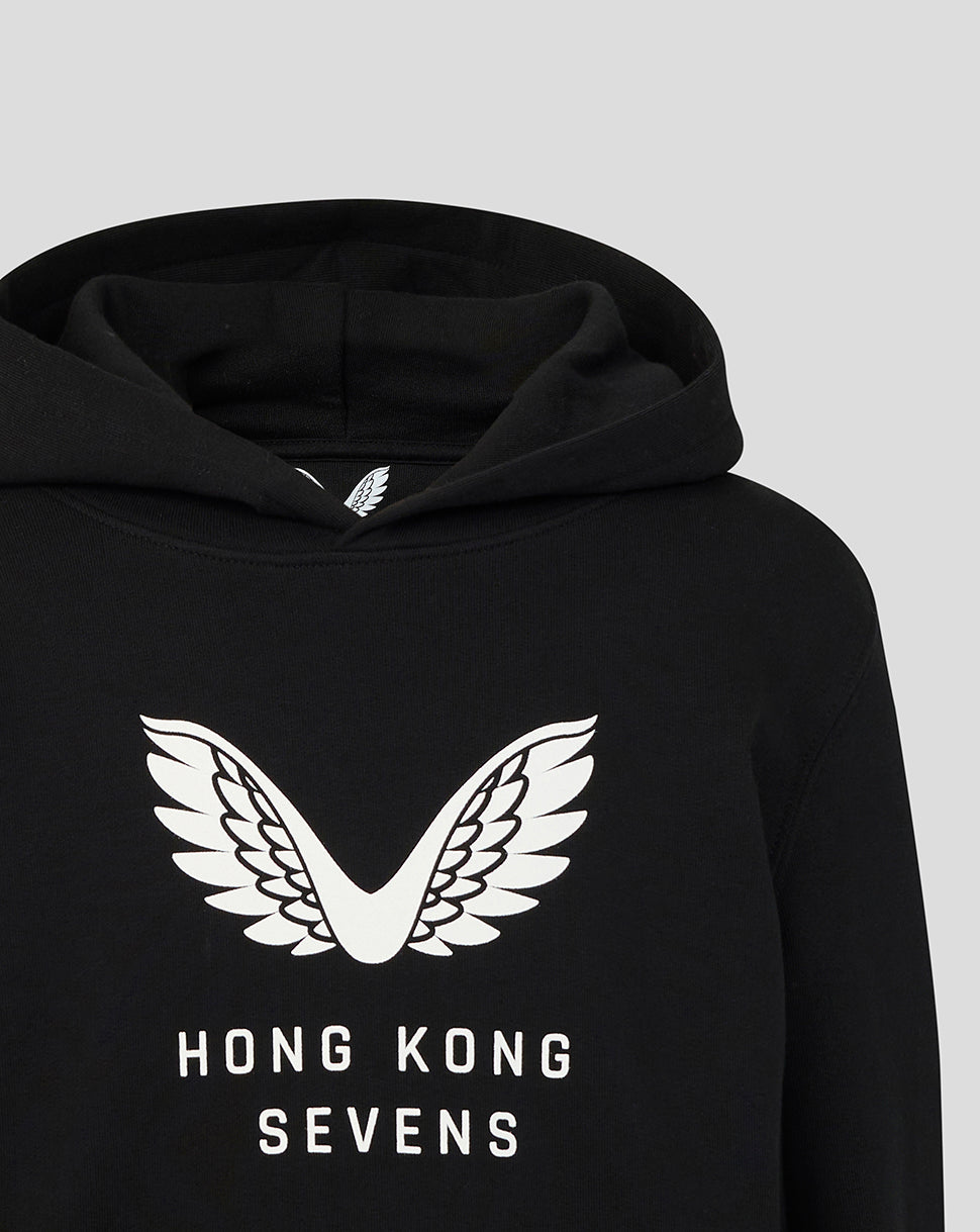 Black hoodie with a bold white wing logo and Hong Kong Sevens branding on the chest