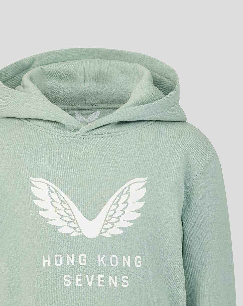 Front close up of Aloe hoodie with large white wings graphic and Hong Kong Sevens lettering.