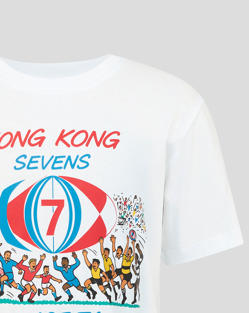 White junior rugby T shirt with a bright retro Hong Kong Sevens illustration celebrating the 50th anniversary.