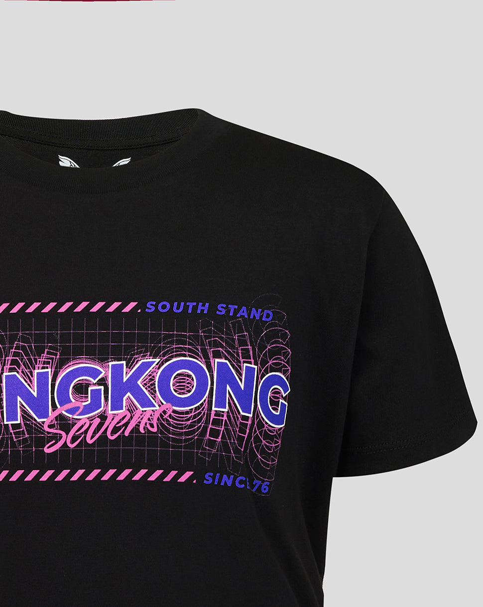 Junior Hong Kong Sevens black T shirt with neon pink purple sound wave graphic and South Stand motif across the chest.