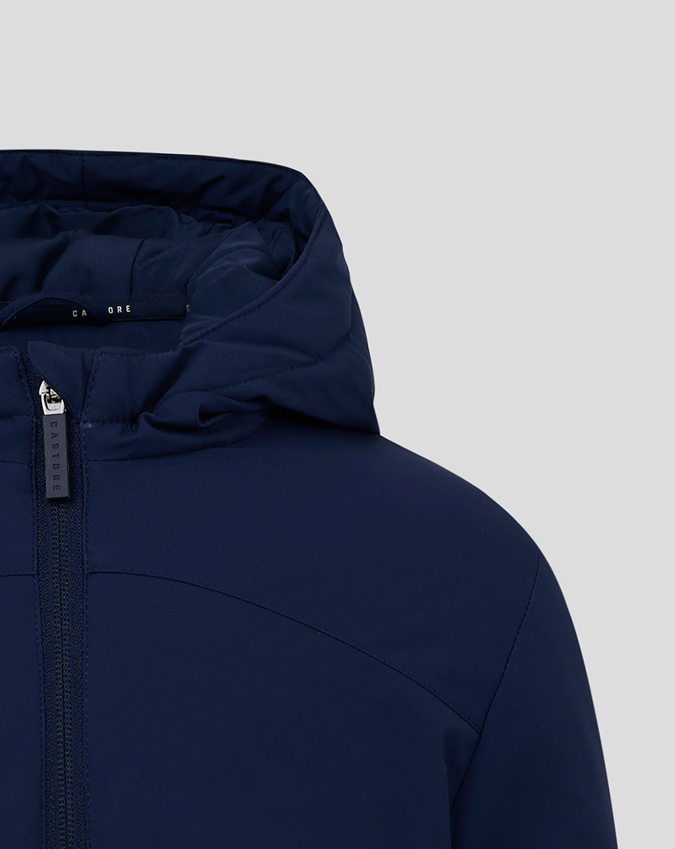 Navy Junior Long Bench Jacket hood close-up showing zipper and hood seam