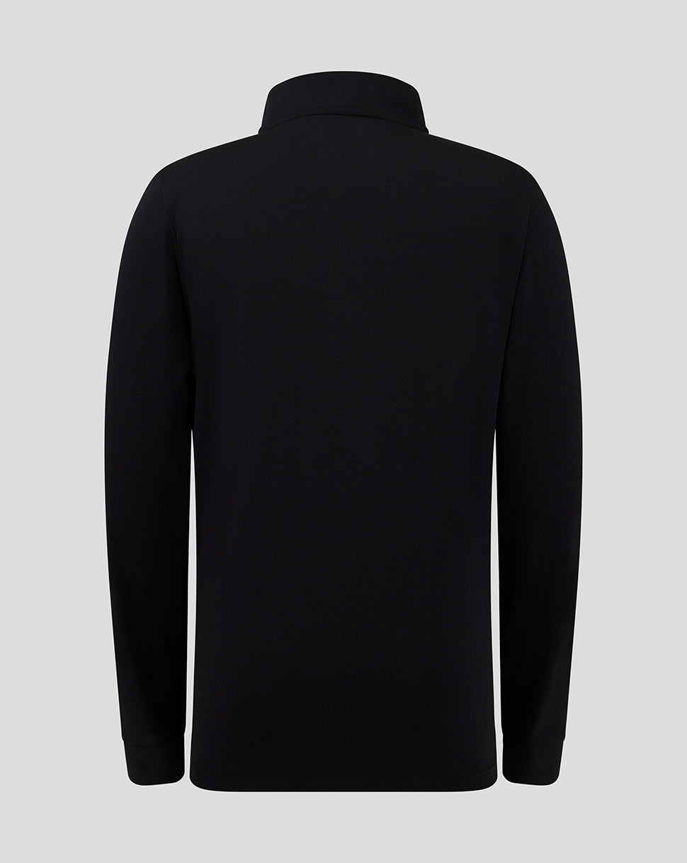Back view of black bomber jacket with clean silhouette and high collar