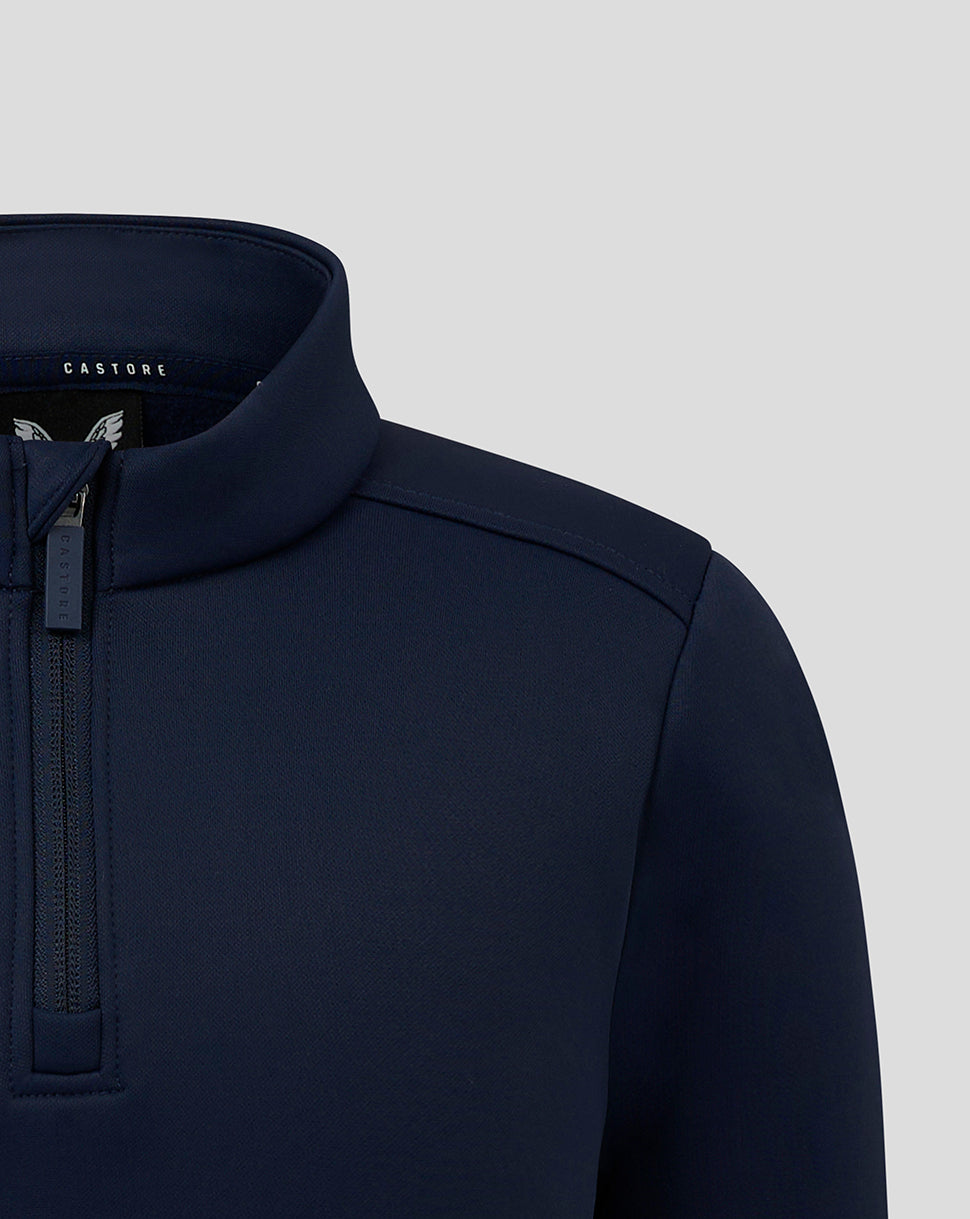 Navy junior fleece lined 1/4 zip jacket with funnel neck and inner brushed texture near the zipper