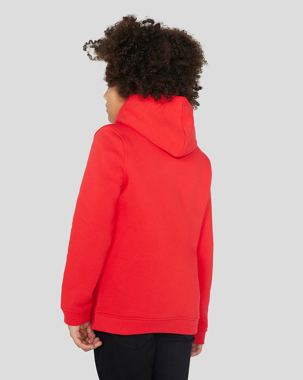 Back view of a child in a flame scarlet Oracle Red Bull Racing Core Overhead Hoodie with the hood up