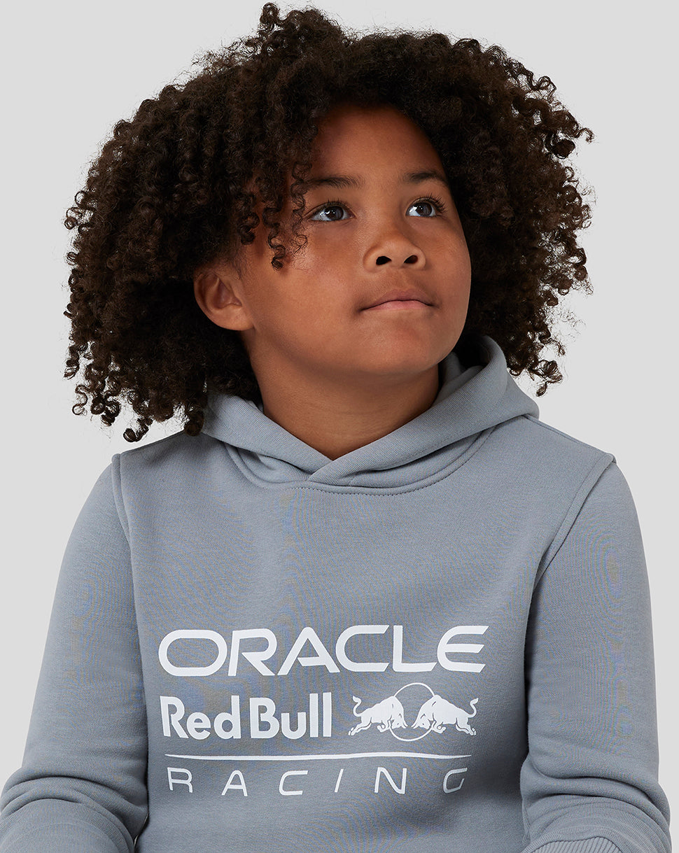 Close-up of the grey hoodie showing the large Oracle Red Bull Racing logo on the chest