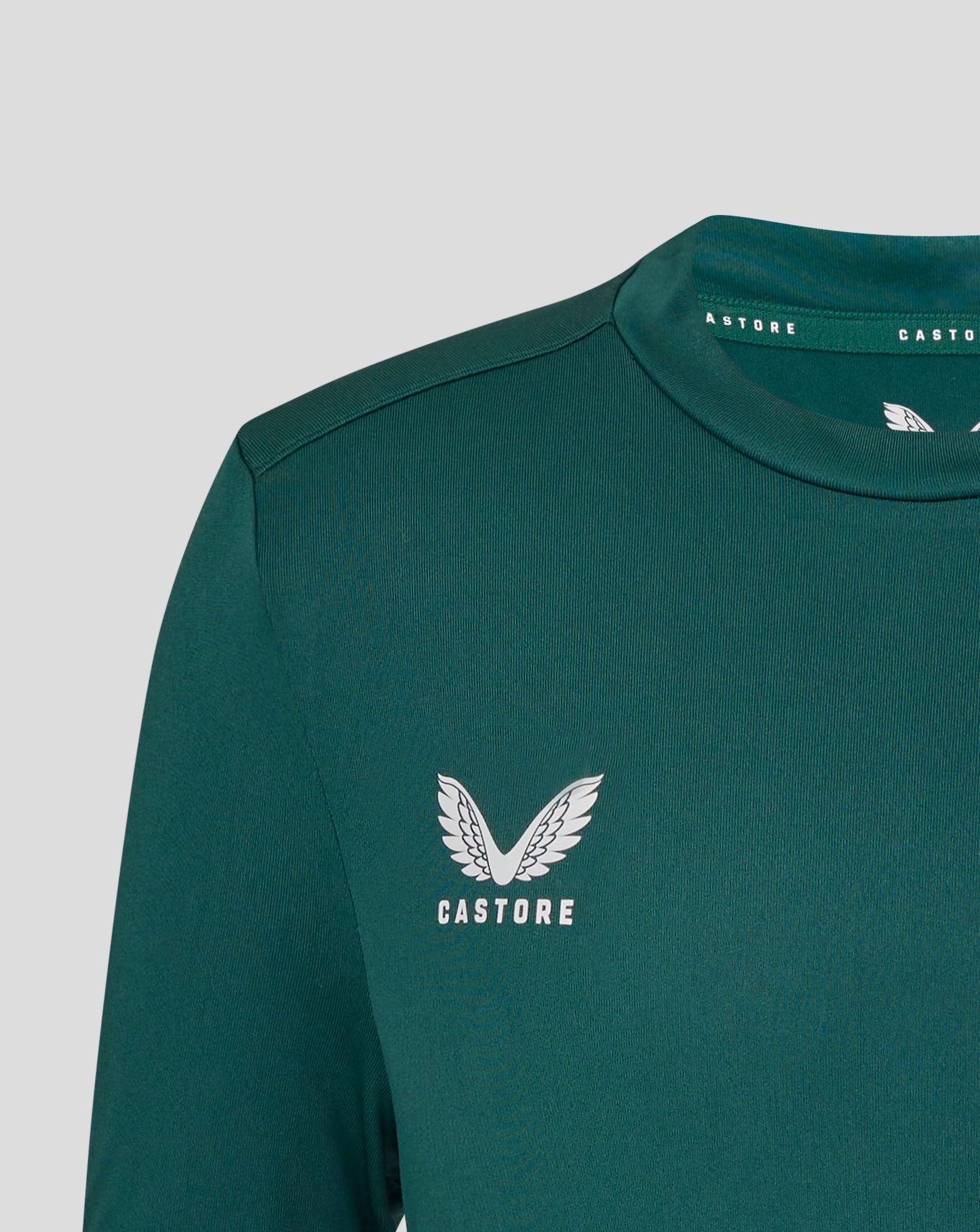 Front view of green Botanical Leicester Tigers junior training T-shirt with white wing emblem and Castore branding