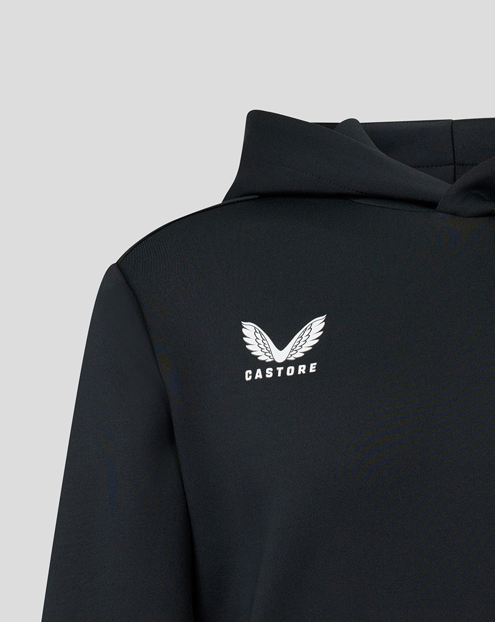 Upper back area of a dark hoodie with a white wing logo and Castore text