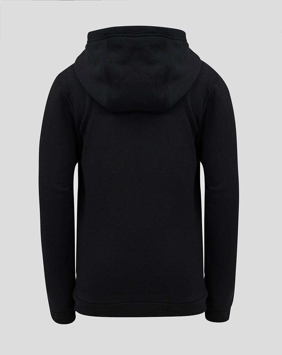 Back view of black Ulster Junior hoodie showing plain fabric and attached hood.