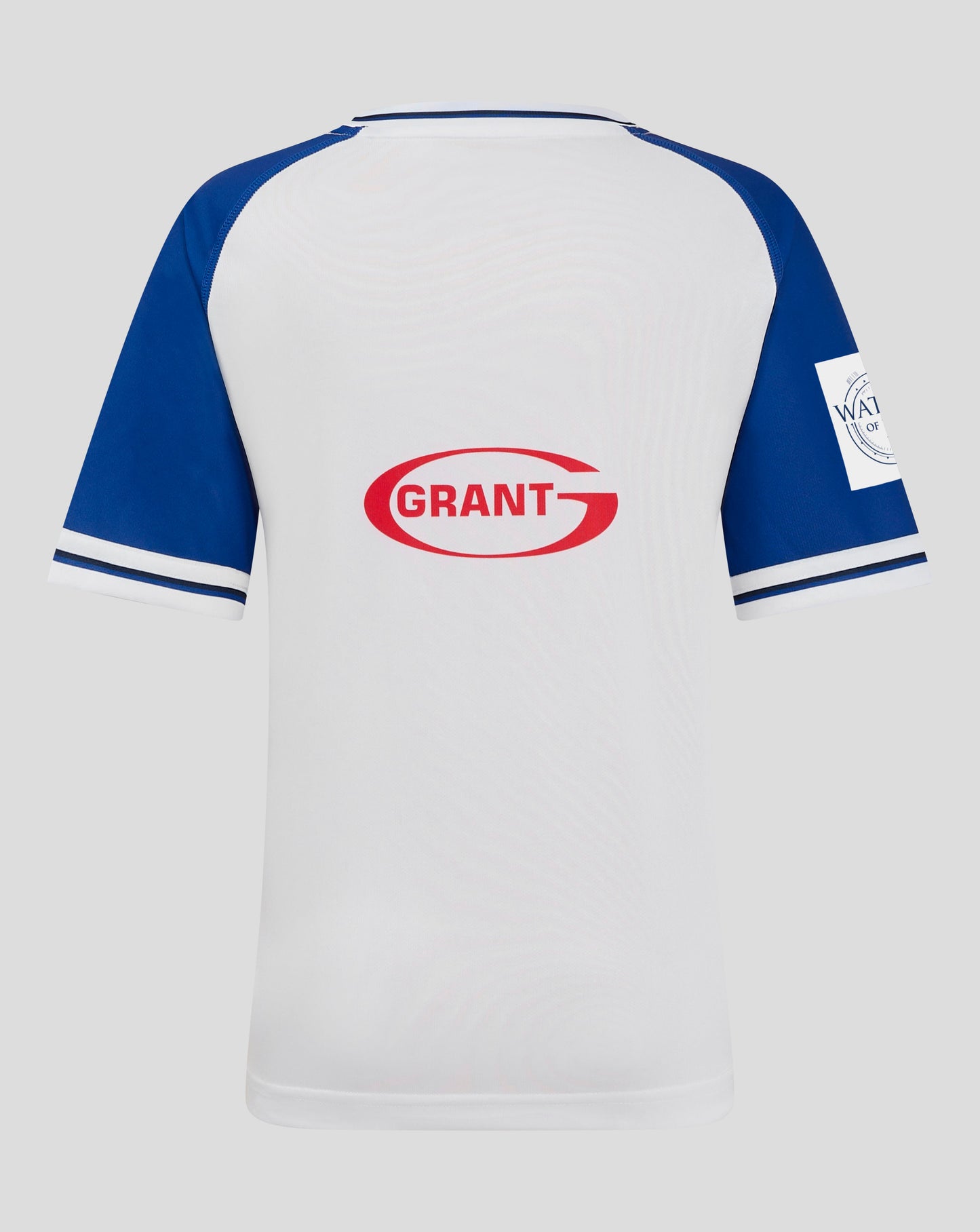 Back view of Bath Rugby junior away jersey showing white body blue sleeves and ribbed collar