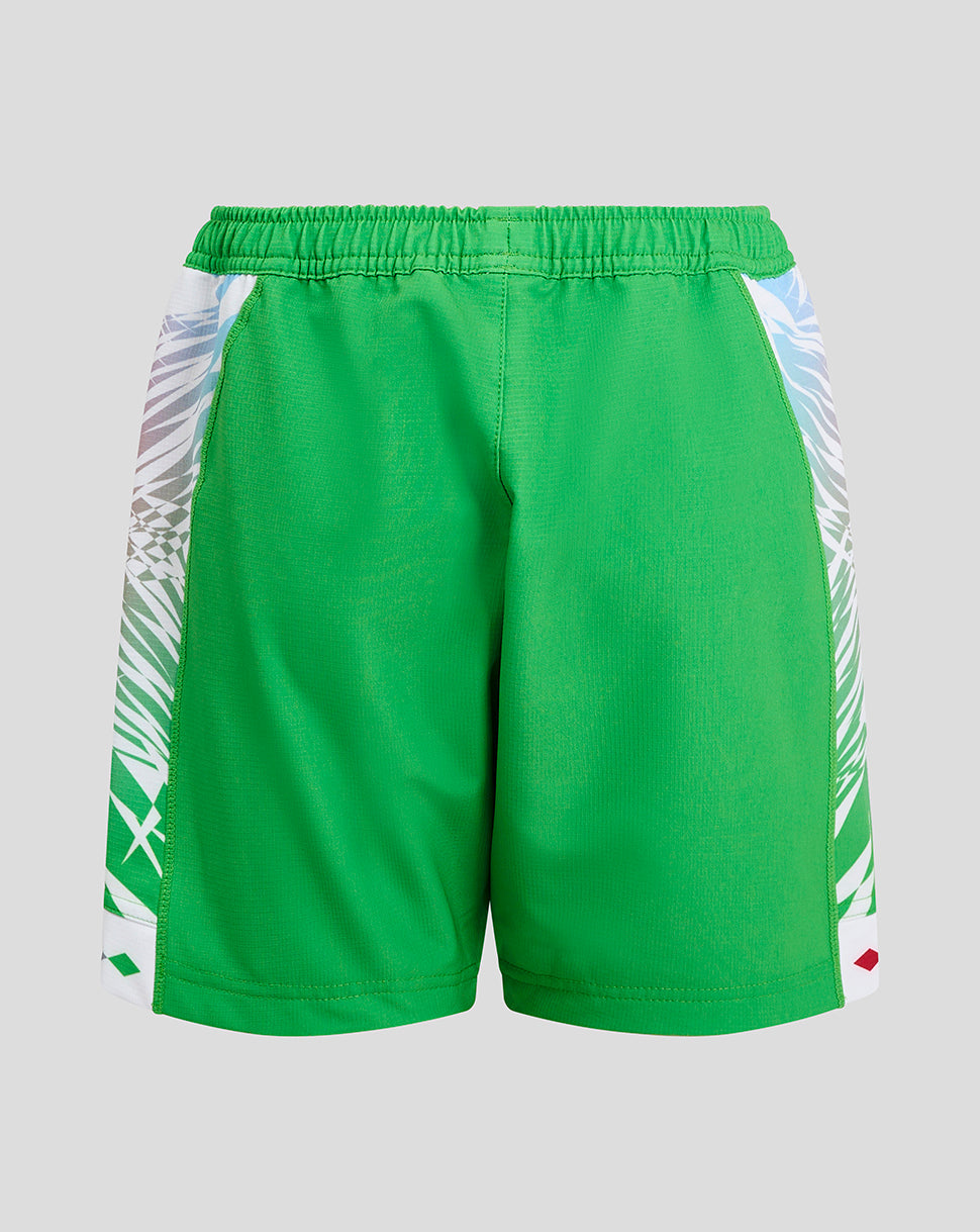 Harlequins junior away shorts in bright green with white patterned side panels