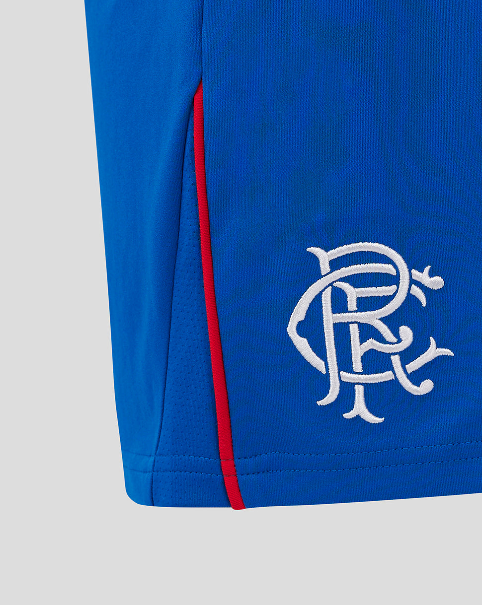 Close up of blue shorts showing side red piping and embroidered Rangers crest