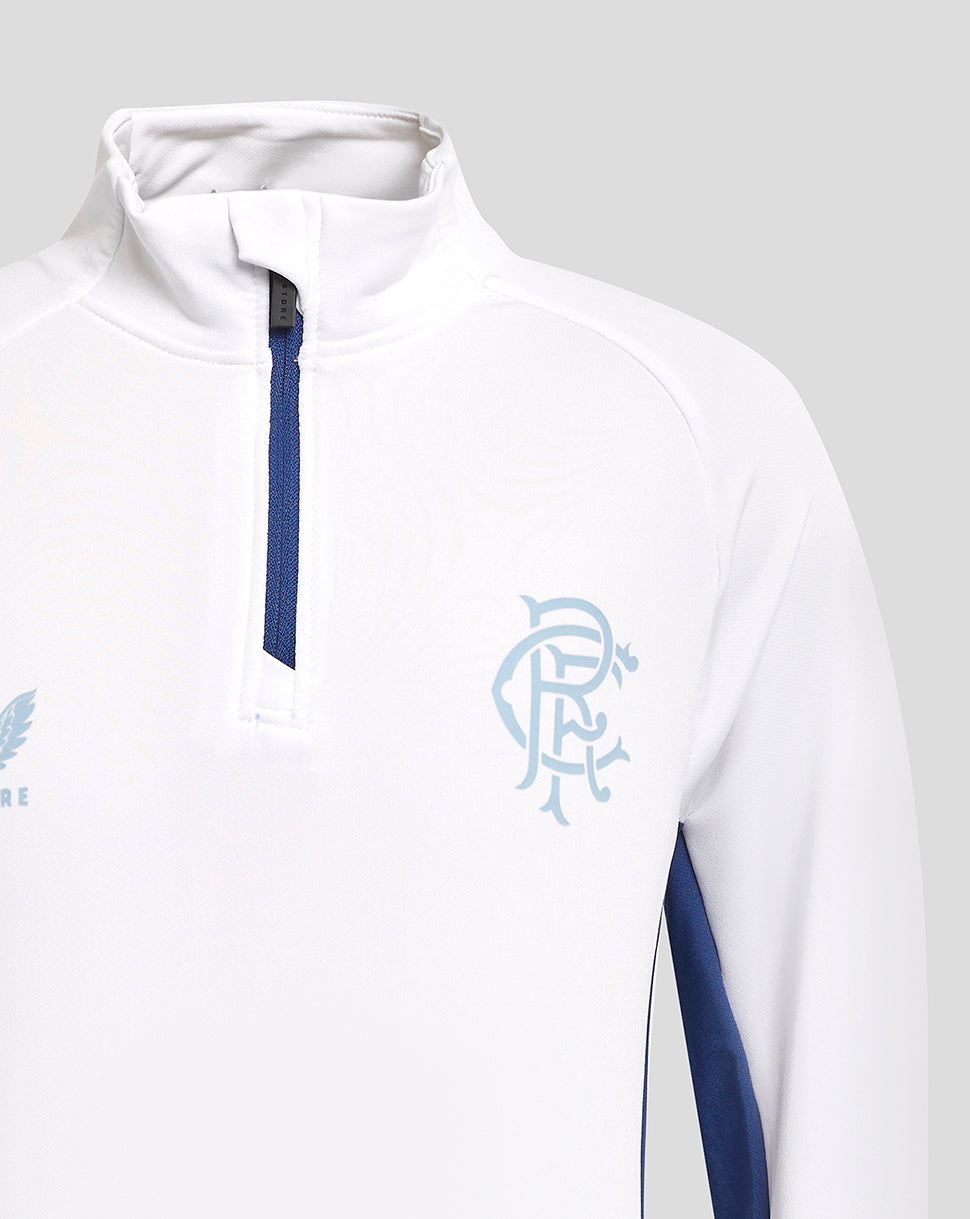 Rangers 24/25 junior quarter-zip training top in white with blue zipper and club crest