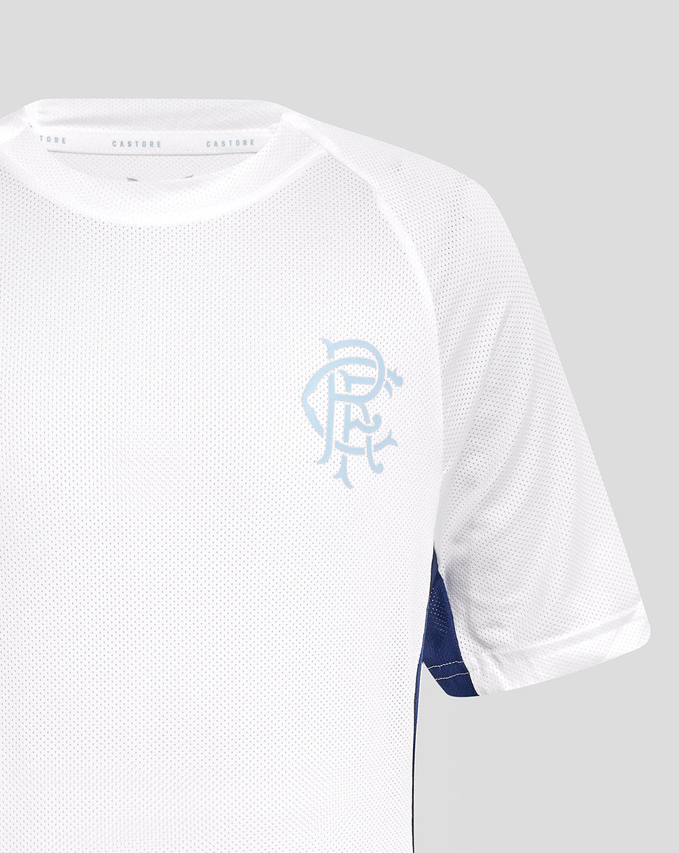Front view of white Rangers tee showing light blue crest on left chest.