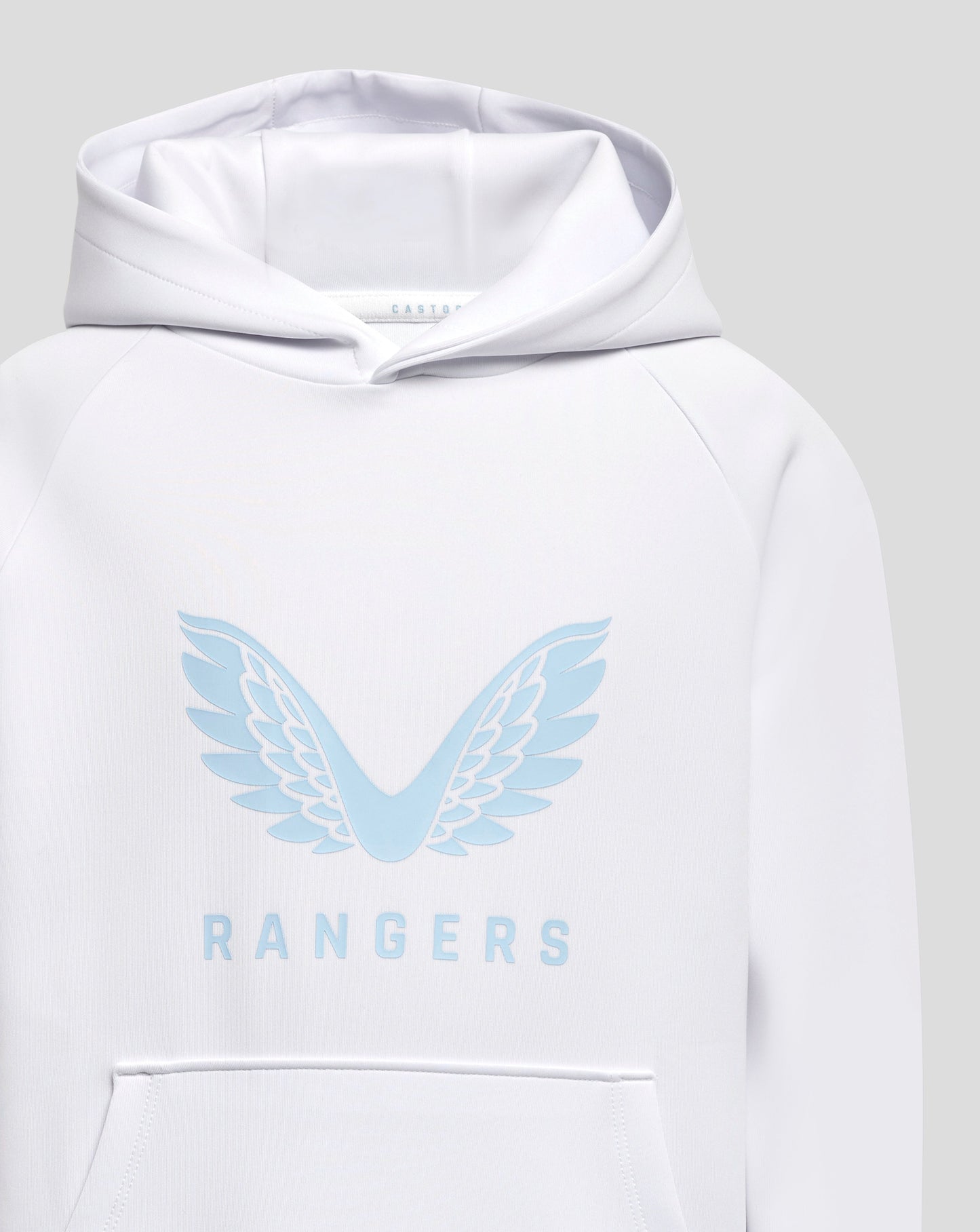 Close-up of the white hoodie hood with an interior label and pale blue wing graphic across the chest.