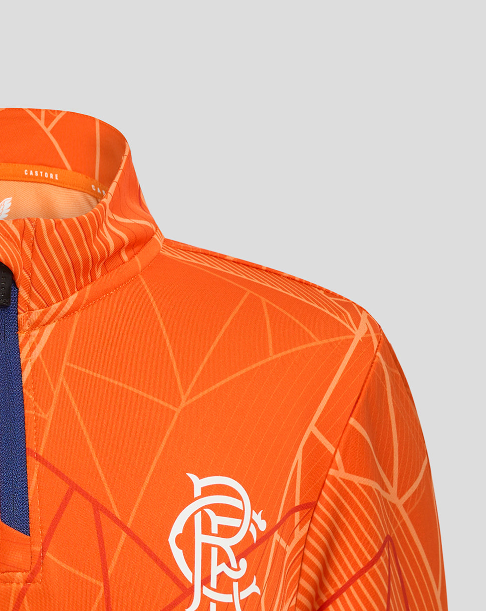 Upper front of the orange geometric Rangers midlayer with a white crest and blue panel near the zipper