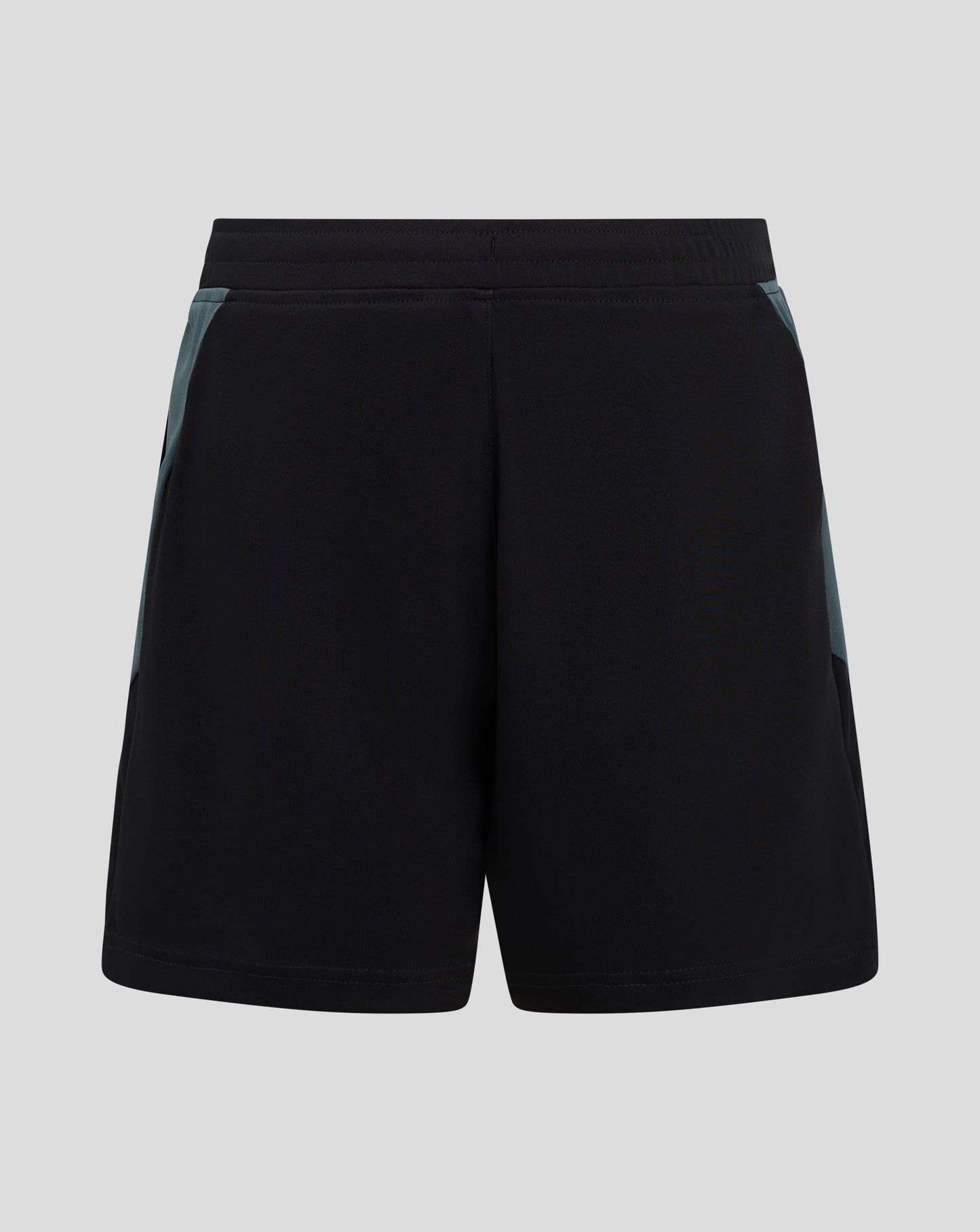 Back view of Bath Rugby Junior shorts showing black fabric with teal side panels