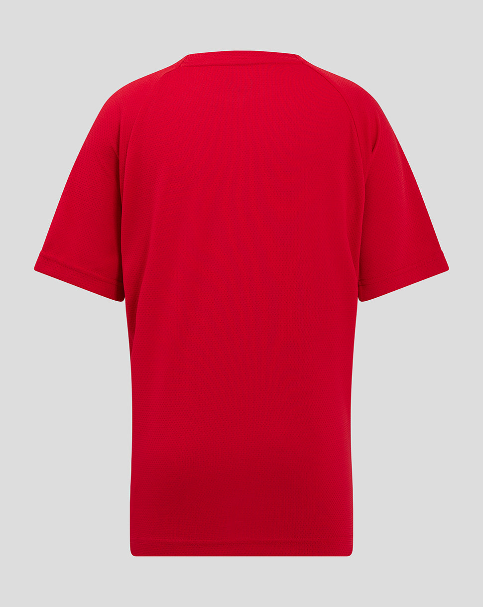 Back view of red Saracens junior training tee with short sleeves