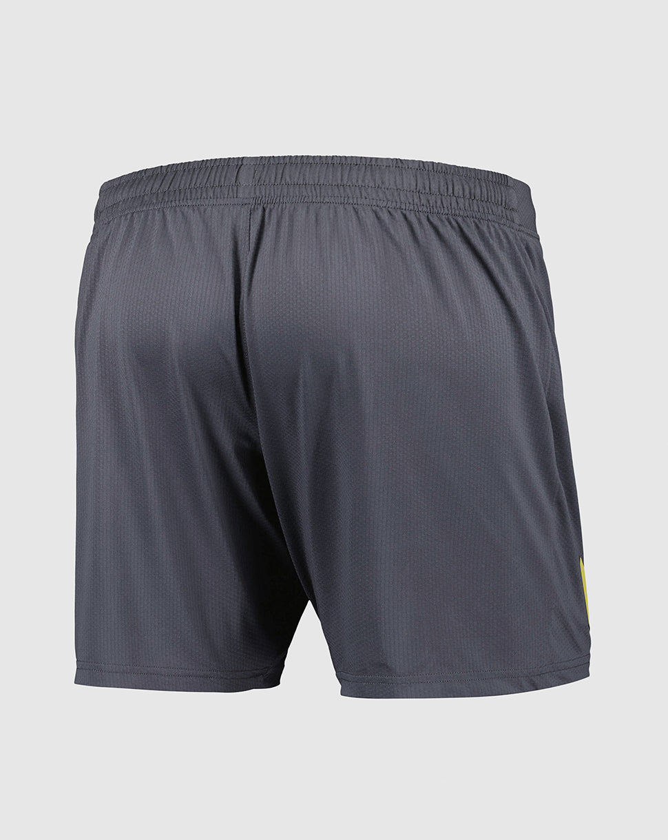 Back view of Everton Junior Away Shorts in dark navy with elastic waistband and small yellow Castore logo on leg