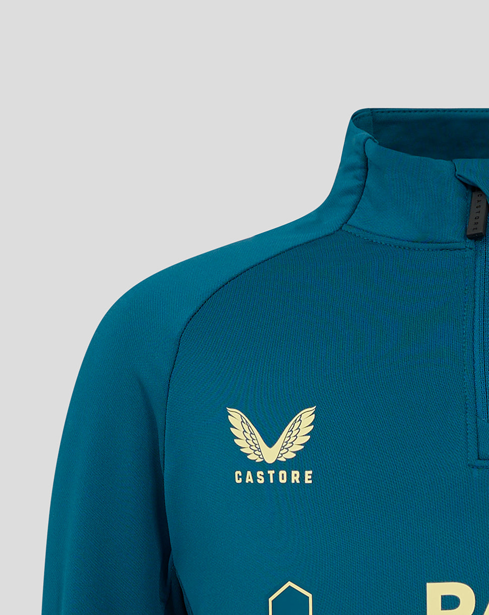 Close up of blue quarter zip training top collar showing crest on chest and Castore branding