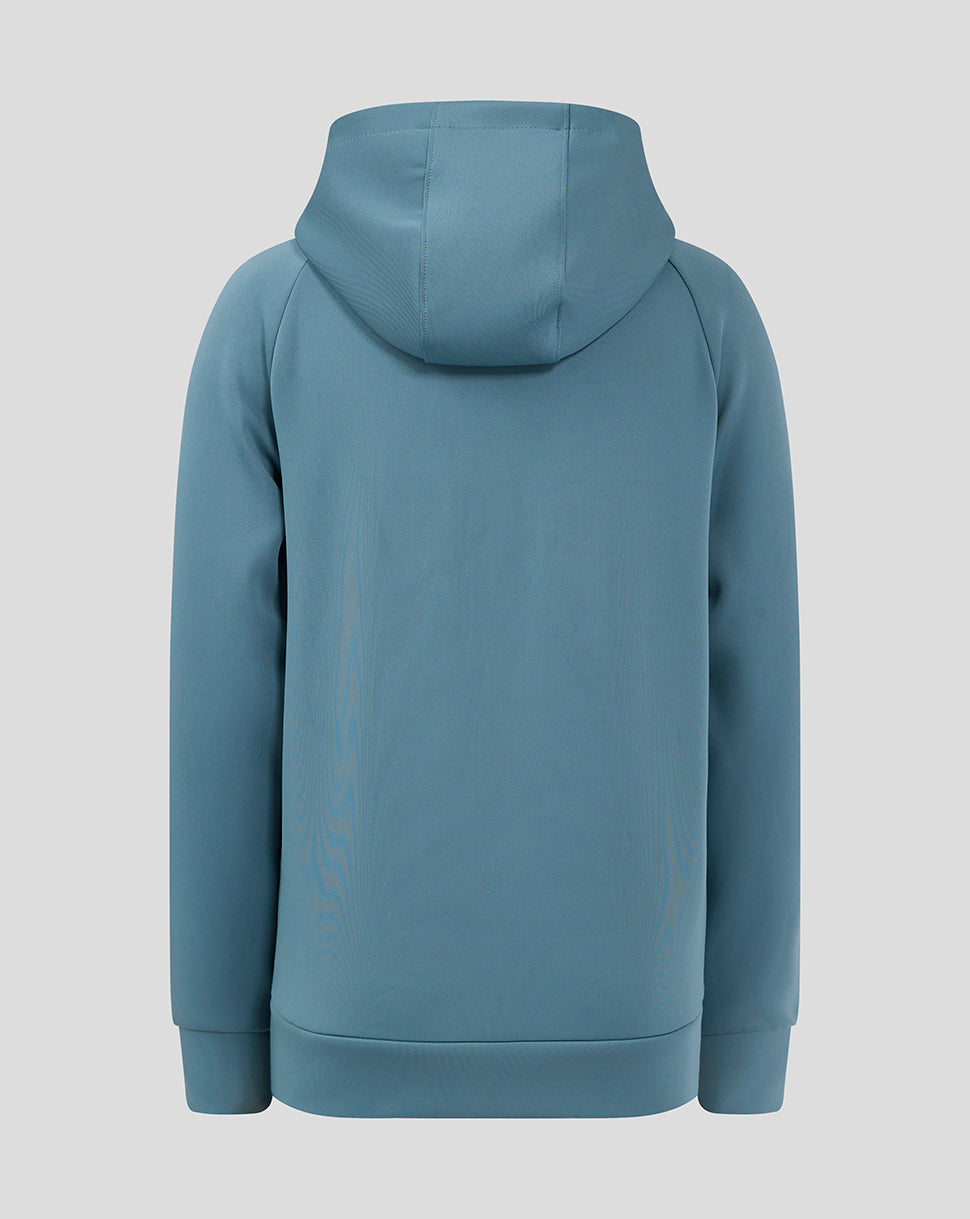 Back view of the light blue Mansfield Junior Travel Hoody with hood up and clean hem.