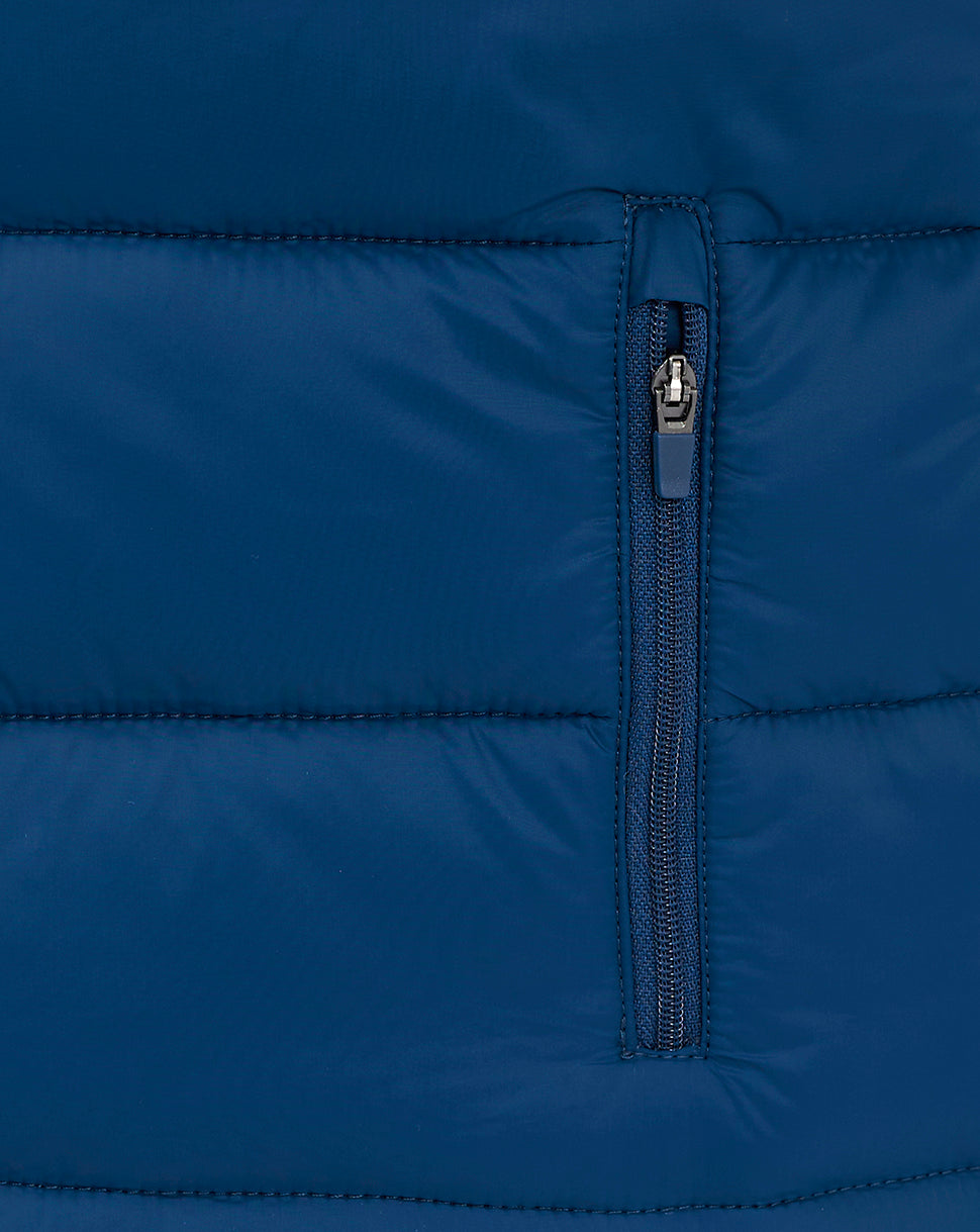 Close up of navy Rangers Junior Core Fan Gilet zipper detail