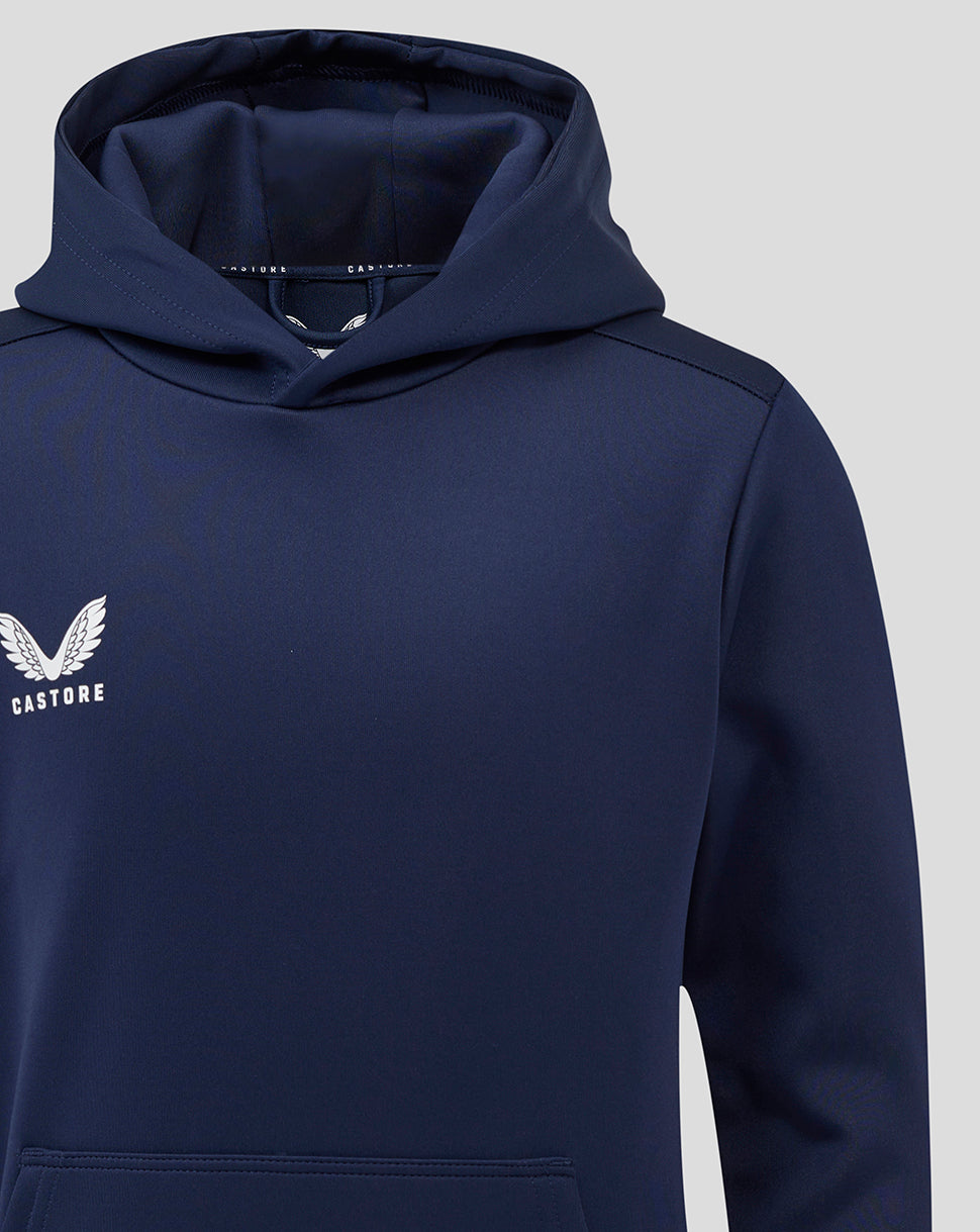 Close up of navy peacoat hoodie showing Castore logo on left chest and hood.