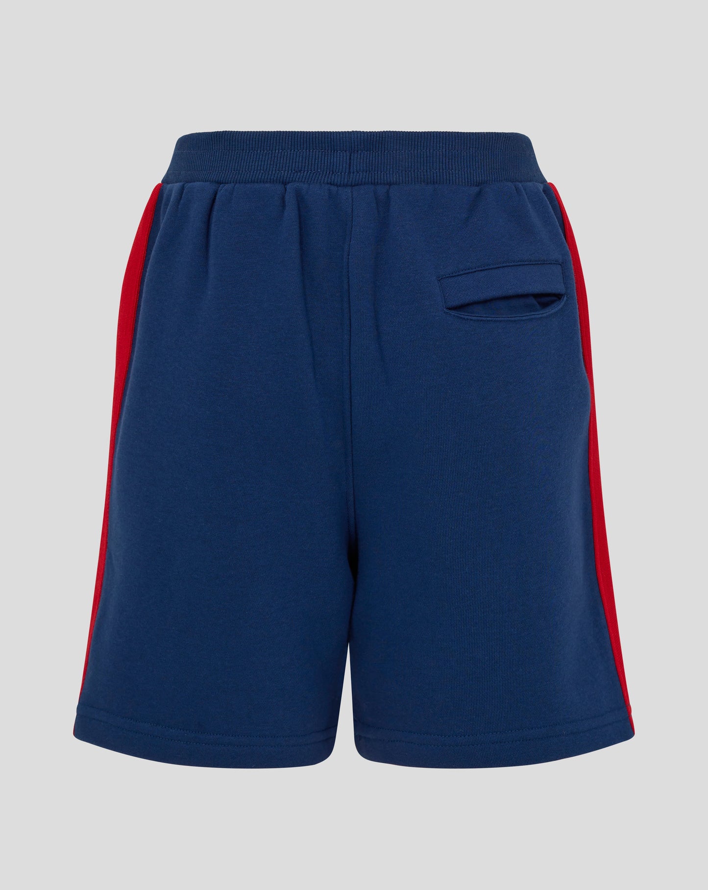 Rear view of navy shorts showing a red side stripe and back pocket