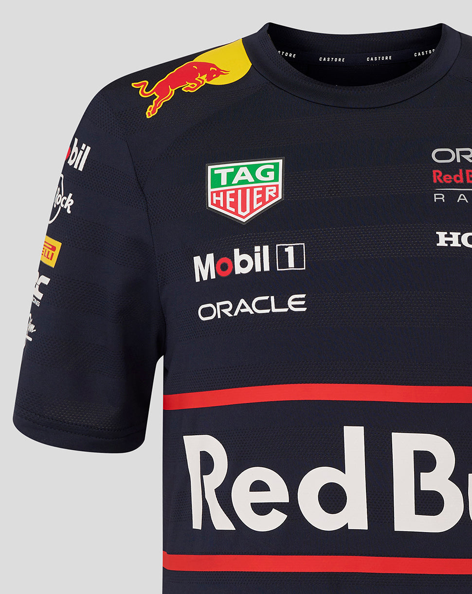 Front of navy Red Bull Racing jersey with large Red Bull logo and sponsor graphics across the chest