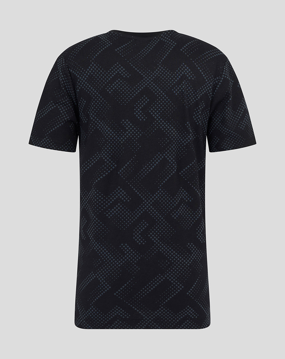 Back view of navy Harlequins Youth short sleeve PJ top with blue geometric pattern