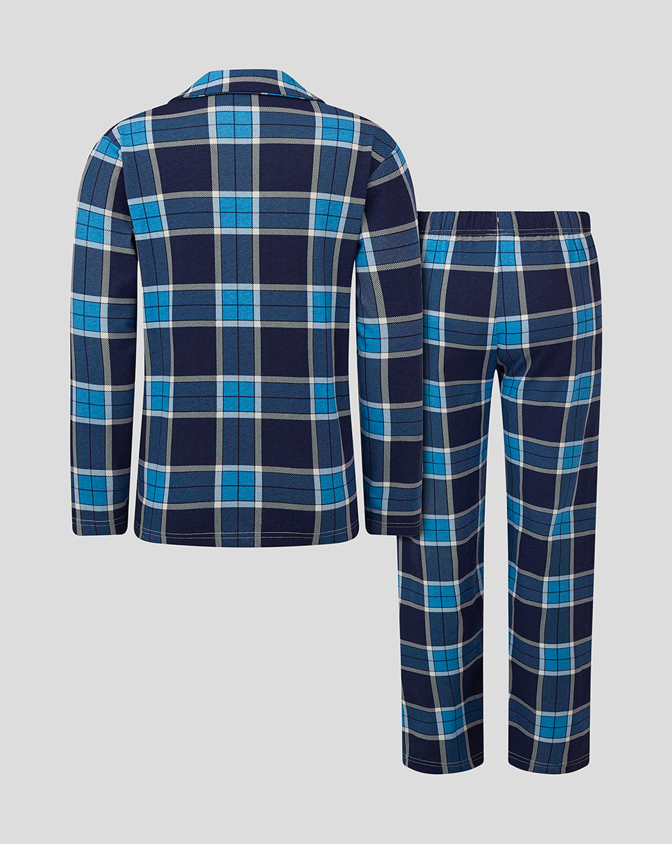 Back view of infant Bath Rugby long pajama set in navy blue and light blue plaid.