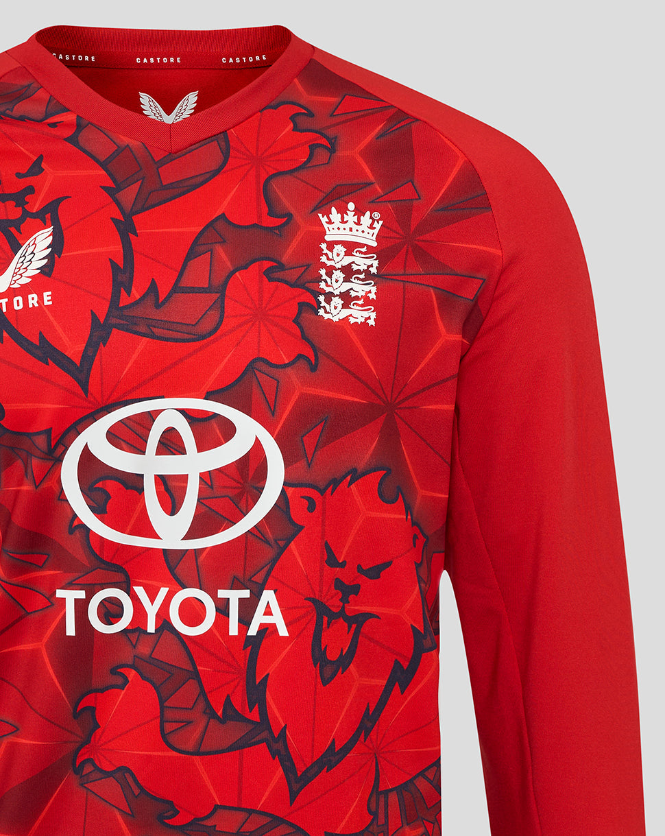 Red England Cricket T20 sweater with bold geometric pattern and Toyota sponsor logo on chest.