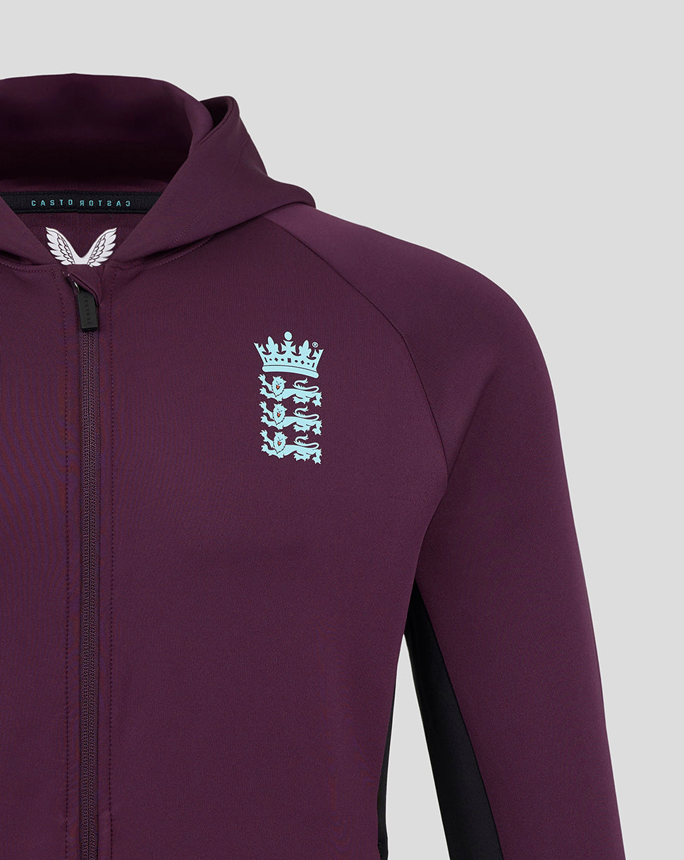 Plum England crest logo on left chest of full-zip training hoodie with visible zip and hood detail
