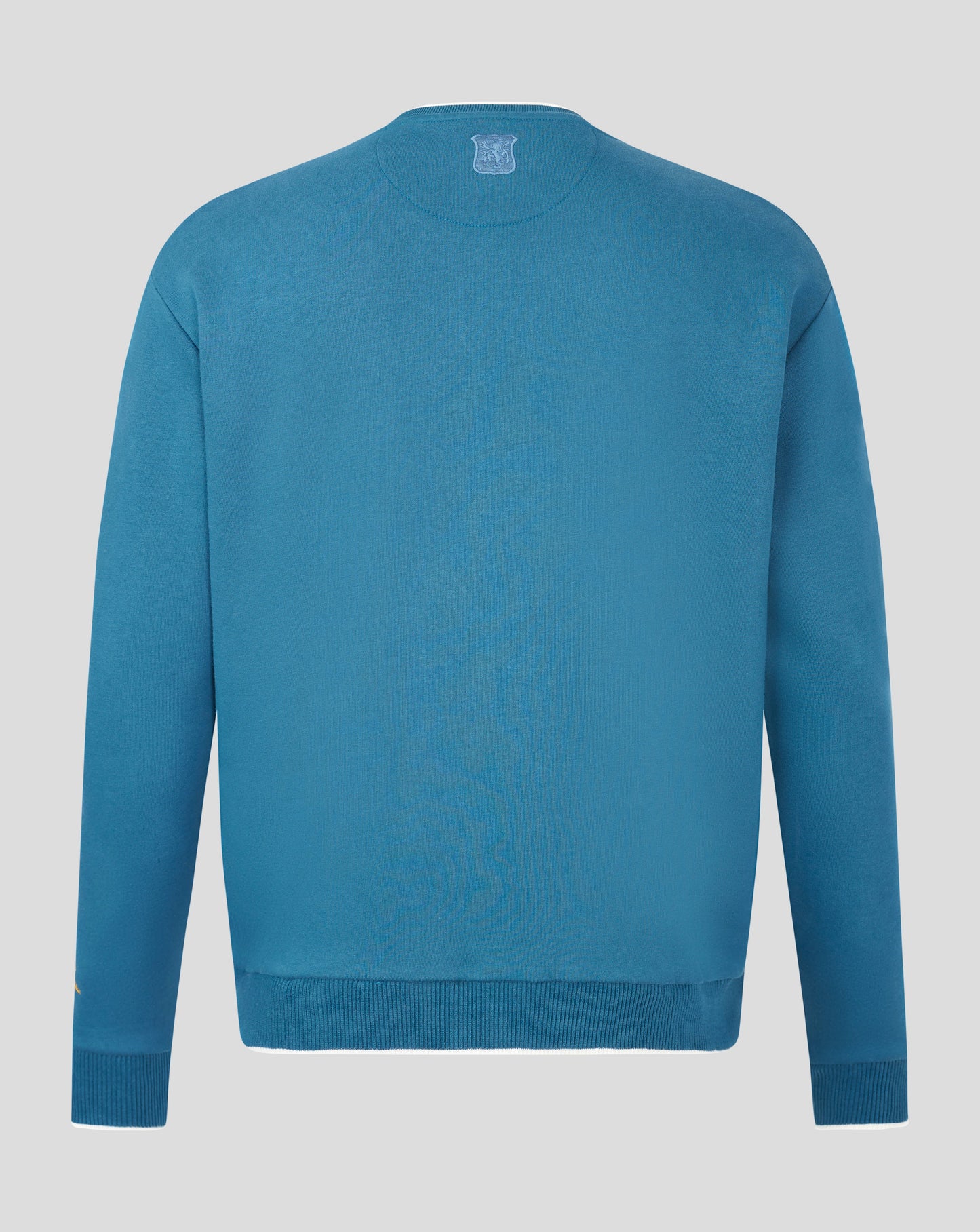Back view of blue Rangers FC heritage crewneck with crest at the neck.